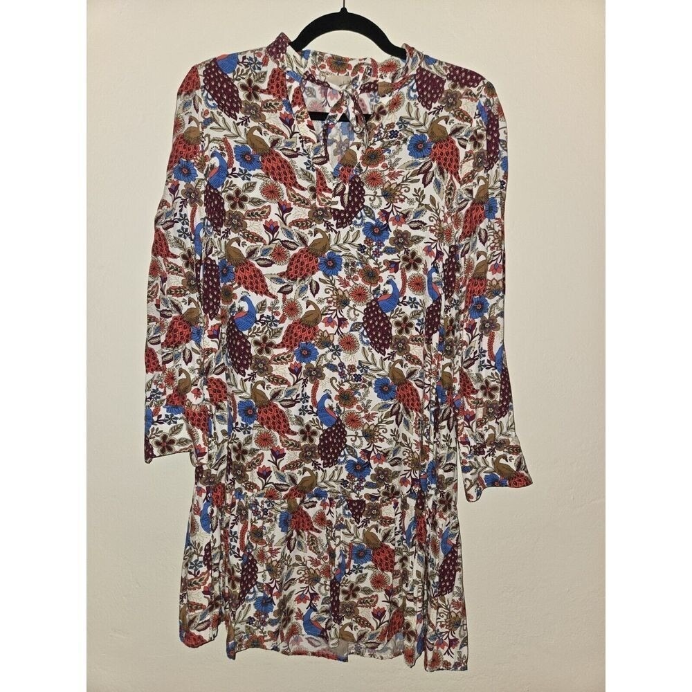 LOFT Petites Floral Bird Print Dress Women's SP 3/4 Sleeve Mini Shift